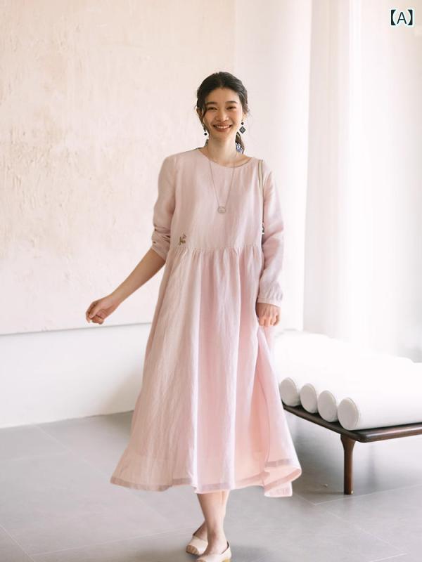 Zhibimo 2025 レデイース リネン 美術 手 刺しゅう 長袖 ロング 御召しものは 馬齢を 減らす