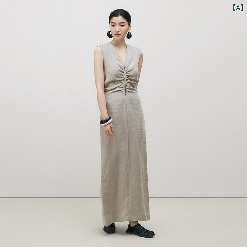ZHUCHONGYUN 2024 夏 リネン Vのど首 ファスナー 筋目 ロング スコート ノースリーブ衣装