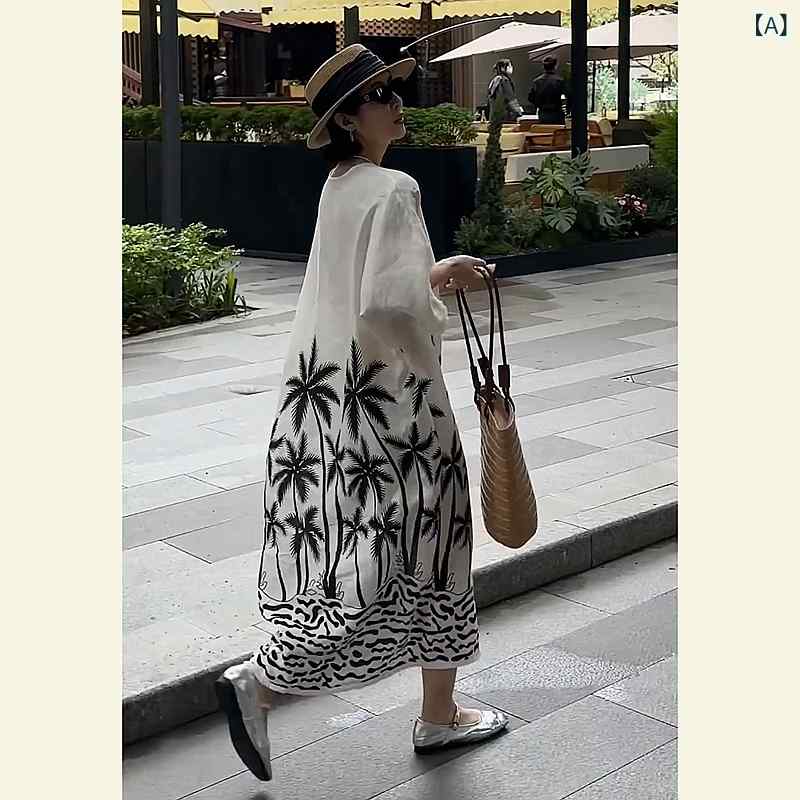 2025年 初夏の 服装 白い プリントの コットンリネン ワンピース 海辺の 休日 フレンチの な ホットな ロング スカート|バランスケア 店