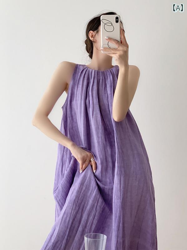 海辺の 休日 ホルターネック シンプル サスペンダー スカート 女性用 スタンディング クラフト ミドル 丈 パープル リネン ノースリーブベスト ドレス|バランスケア 店