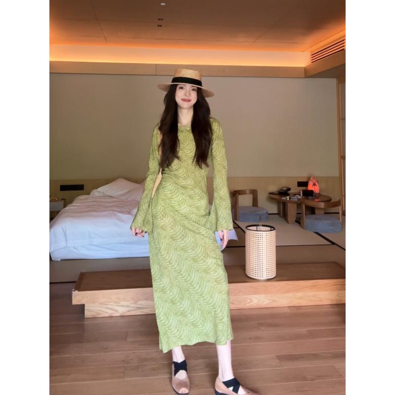 ロングスコート 御召しもの レディース Zhizhi Green Field Poetry 夏 レディース フレンチ レトロ 刷り上げる か細い相応う 長袖 衣裳