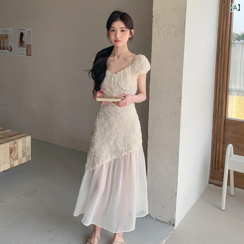 重 工芸 フェイク ツーピース ホワイト ムーンライト ロング スカート 新型 メッシュ スプライシング レース 刺繍 プリント ワンピース 夏 仙｜バランスケア　店