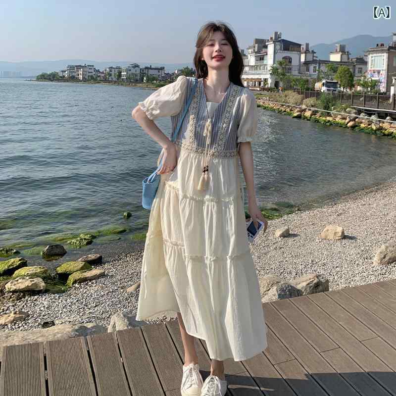オフ ホワイト フェイク ツーピース ドレス 夏 女性 2025 フランスの 優しい の ストライプ ベスト ステッチ ティーブレイク ロング スカート｜バランスケア　店