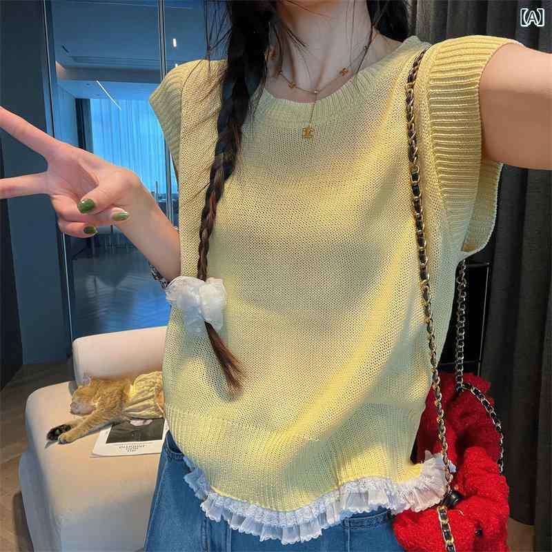 MRS SHAO 分かりやすい 編み物 半袖 プルオーバー レディース 2025 春夏 か細い填まる 全能 設計者 トップス