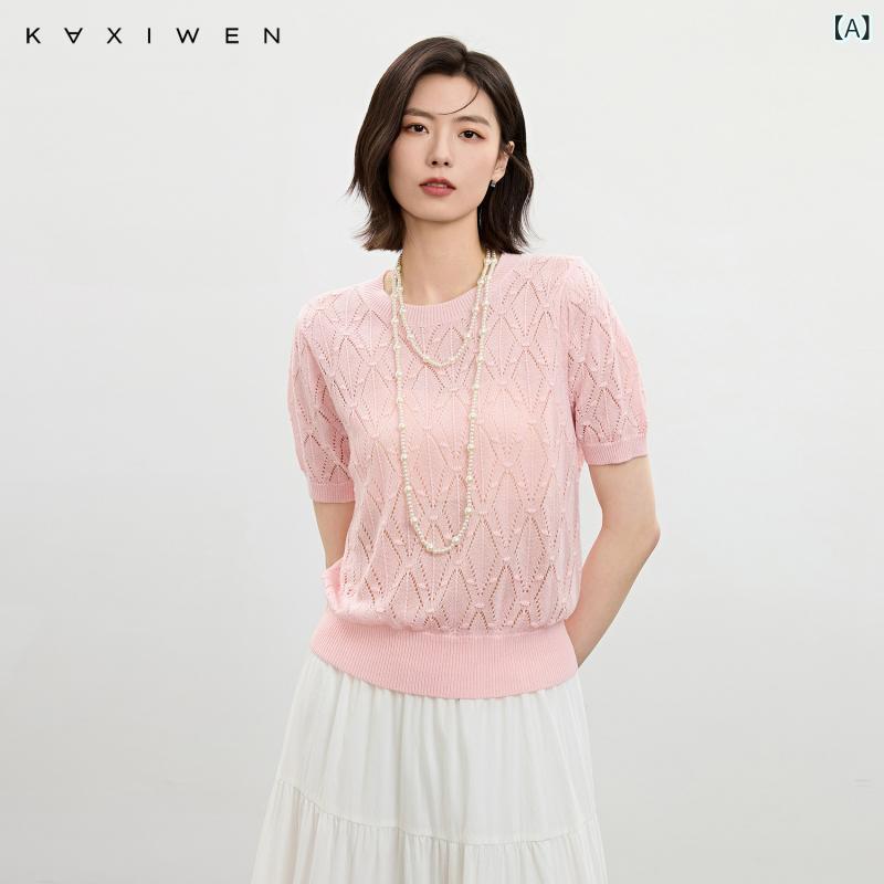 フレンチ衣袂 肋材 ラウンドのど首 心地好い 女子らしい 第一義的 無地 着回し Xia Xiwen 軽さ 編み物 ティーシャツ 2025 夏 流行り物 裾 肋材 編み ラウンドのど首 トップス レディース
