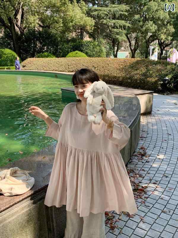 Emilyying 春夏  リネン 甚だしい 筋目 ビッグ 律動的な調子 桜 サクラ色 衣装