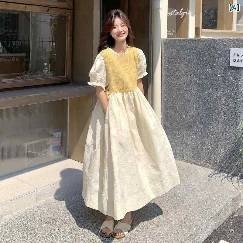 優しくて 美しい 年齢を 感じさせにくい レース プリントの ロング スカート レディースの 夏に ぴったりの フレンチ パフスリーブワンピース|バランスケア 店