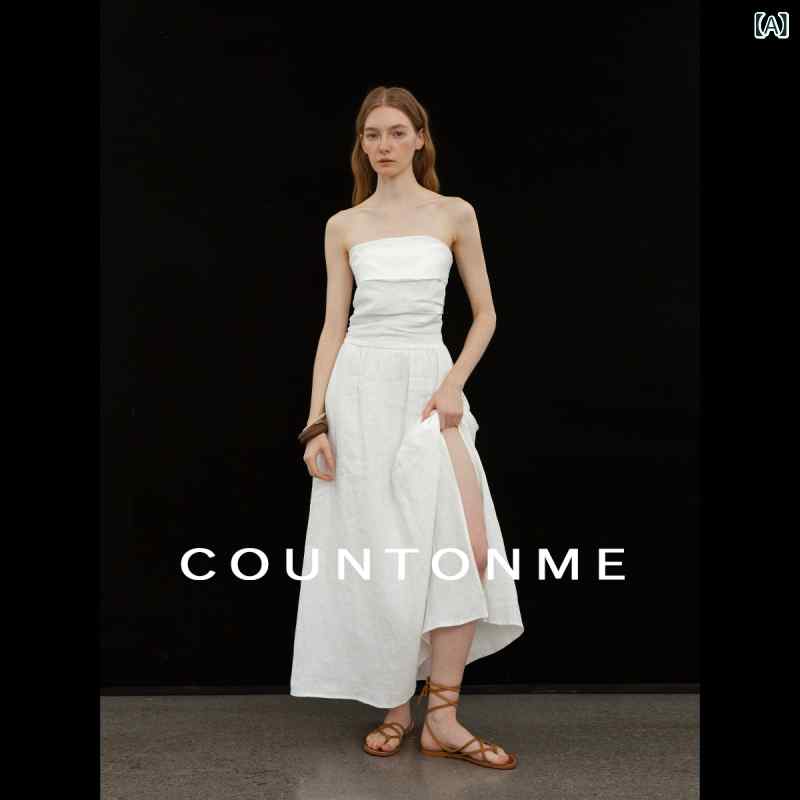 COUNTONME フレンチ ロマンティック / オール リネン ホリデー プリーツ チューブ トップ ドレス スリム スリット ロング スカート｜バランスケア　店