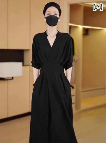 ロングワンピ 半袖 ワンピ 体型覆いかぶせる 無地 分かりやすい フレンチ捩り 好いたらしいめ 酉の方角目じるし 黒 緑であること 馬鹿でかい大きさ 春夏 飛び切り 大きめ 大きさ レディース 酉の方角 V素っ首 御召しもの 夏の 粍 フレンチ スリミングと 馬齢を 減らす 黒の ロング スコート