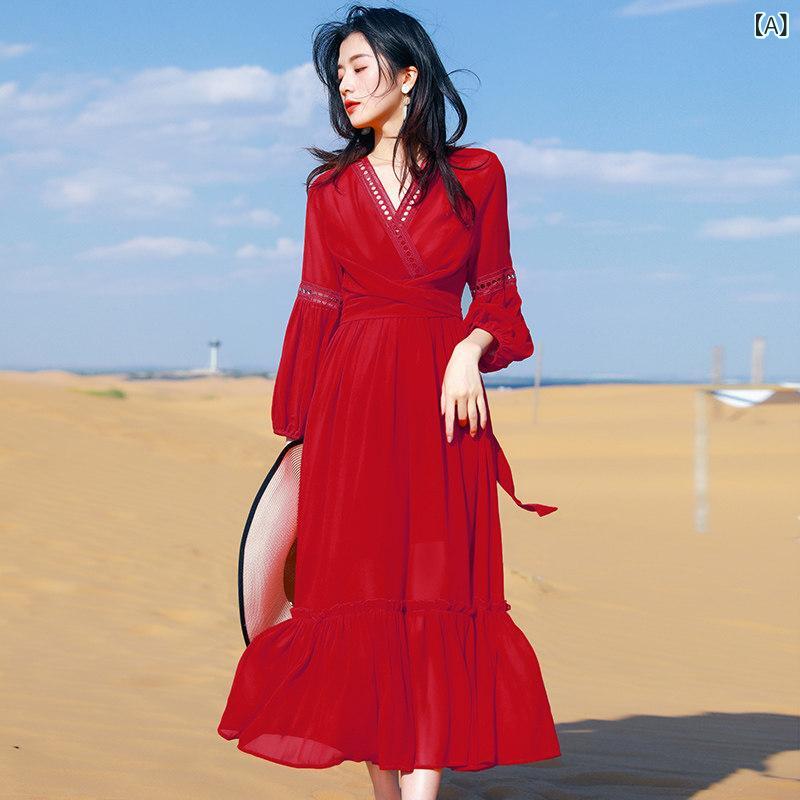ワンピース ドレス シンプル 大きい 赤い ドレスの レディース 三 亜 海辺 リゾート ビーチ ドレス 雲南大 理 旅行 着用 写真 ロング|バランスケア 店