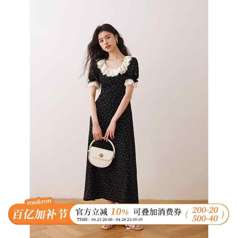 スコート 水玉 レディース ロン＆ ロン フレンチ 蓮の葉 襟 花柄 衣裳 春夏 レディース 並み並み 丈 黒いこと 半袖 紅茶