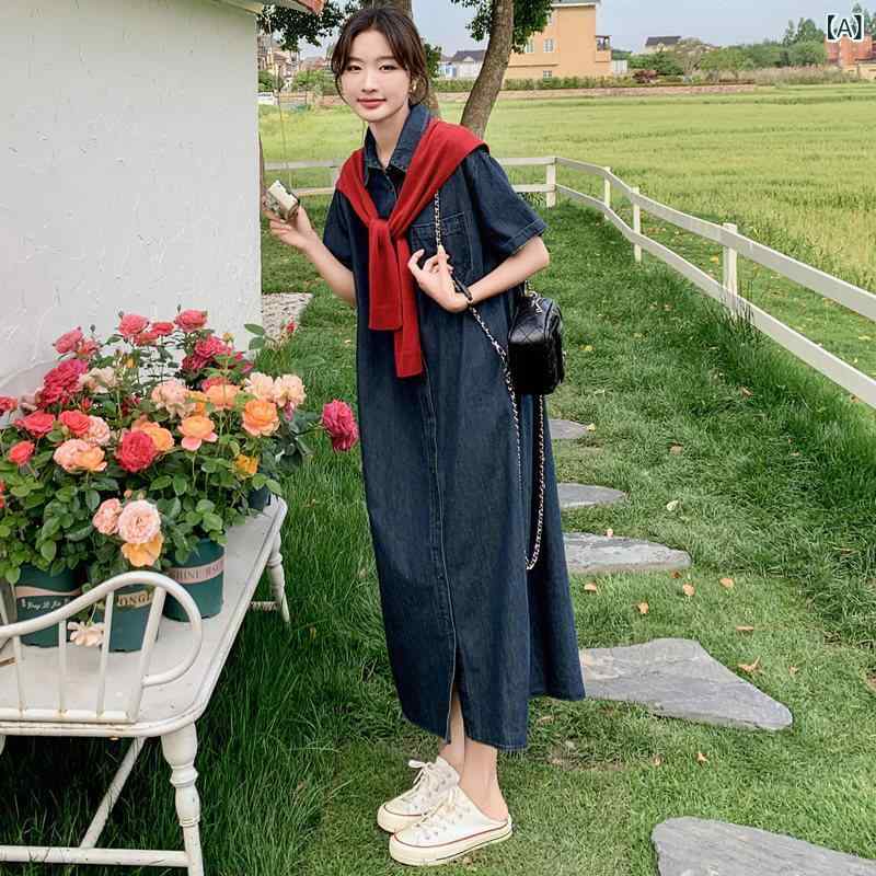 韓国 ゆったり たわい無い 成年者っぽい 編み物 肩かけ ジーンズプルオーバー ロング スコート 心地よい か細い 衣装 レディース 夏