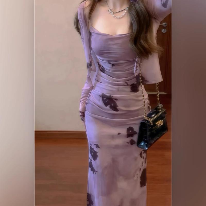 ロングスカート　ドレス　レディース フランス製の 紫 インクの サスペンダー ドレス 女性用 夏用 蝶 柄 背の 高さ ヒップ スカート ウエストが 魅惑的 ロング ツーピース スーツ｜バランスケア　店 7,040円
