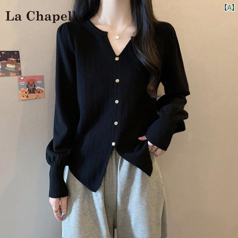 La Chapelleの 黒いこと Vのど首 長袖 スウェーター レディース 2025夏  不規則 か細い填まる トップス