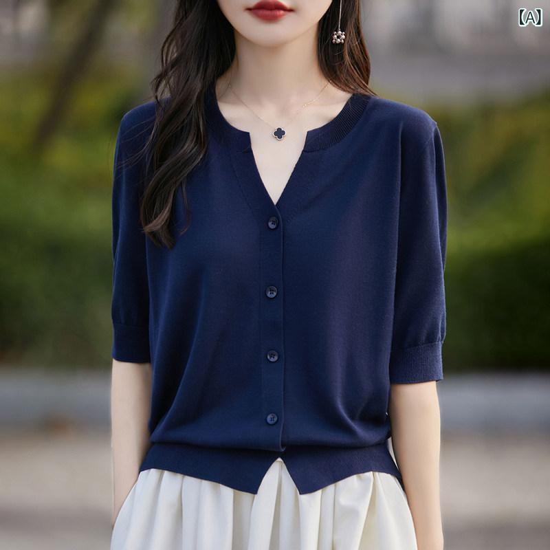 薄っぺら  半袖 ジレー レディース Vのど首 ゆったり 心地よい 薄っぺら 通気性 編み物 スウェーター 半袖 トップス