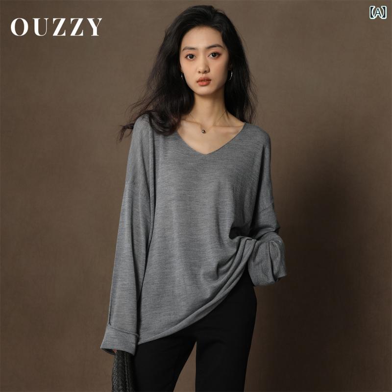 OUZZY 水漉し Vのど首 100 % メリノウール 長袖 スウェーター 軽々しくて パステル色の トップス