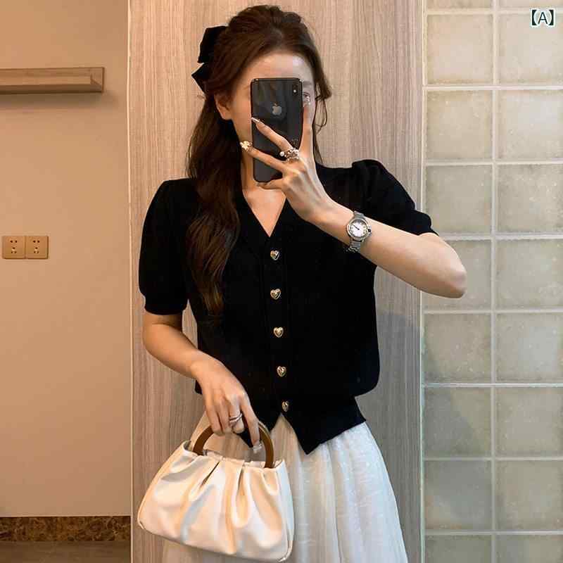 夏の 黒いこと 冷感 編み物 半袖 ジレー  パフ捩り プルオーバー たわい無い 芳ばしさの  Vのど首   薄くて か細い填まるの トップス