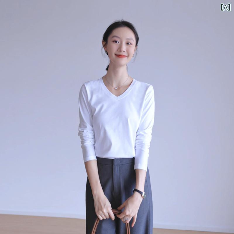 編み物肌付き レディース 春夏 春夏 黒 白 編み物 リブニット トップス 長袖 無地 年月に 着られる レディース Vのど首 シルケット 綿織物 長袖 プルオーバー。 100 % 綿織物の か細い填まる アウターウェア 肌付き 度合い輪っか プルオーバー トップス。