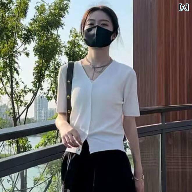 韓国 ブラック 冷感の スタイリッシュな トップス 夏 薄手 レディース 半袖 ニット フレンチ Vネックカーディガン Tシャツ｜バランスケア　店