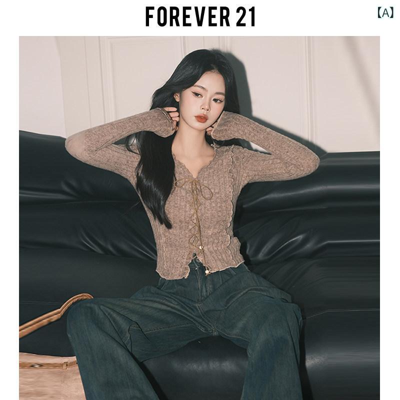 編み物肌付き レディース 春夏 春夏 黒 白 編み物 リブニット トップス 長袖 無地 Forever 21 カーキ テンペラメント スモール Vのど首 編み物ジレー レディース か細い填まる 今めかしい 長袖 バインディング いの一番