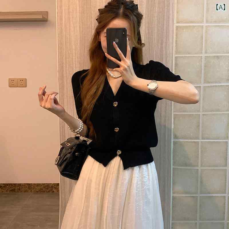 夏の 冷感 フレンチ 黒いこと シャネル 風 編み物 半袖 ジレー レディーストップス か細い 酉の方角 プルオーバー Vのど首