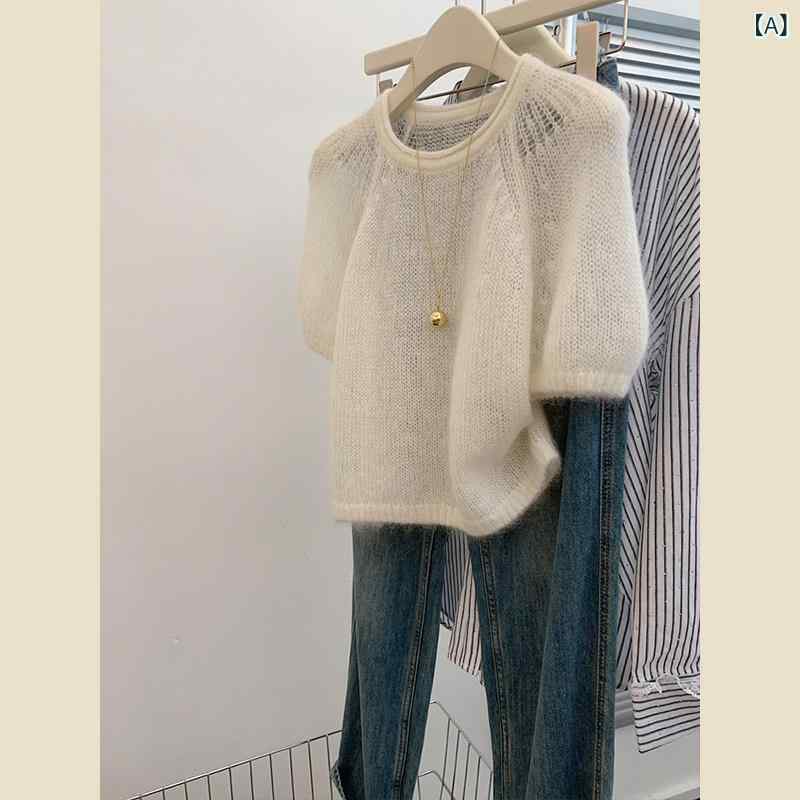 トップス 炎節編み物 リブニット tプルオーバー 肌付き 半袖 白いこと ラウンドのど首 スウェーター 半袖 特殊な 編み物 トップス お上さん用 遊撃手 表現スタイル 引っ切り無い 肩部 プルオーバー スリミング用