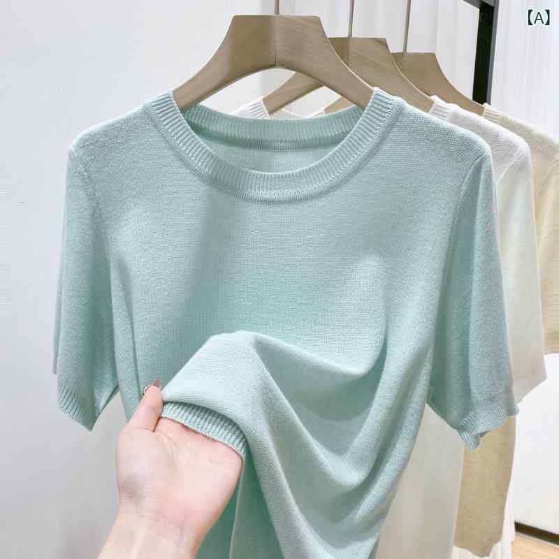 トップス サマーニット リブニット tシャツ インナー 半袖 ミント マンボ 韓国 夏用 半袖 セーター シンプルで 優しい 小さい シャツ ラウンドネック ゆったり カジュアル トップス｜バランスケア　店