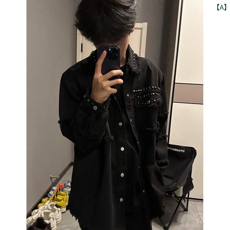 成人男性用 黒いことの 置き目 境界線 ジーンズ上衣  スタッズ 細工物上衣  喨喨たる 相応う アメリカン ジーンズ上衣