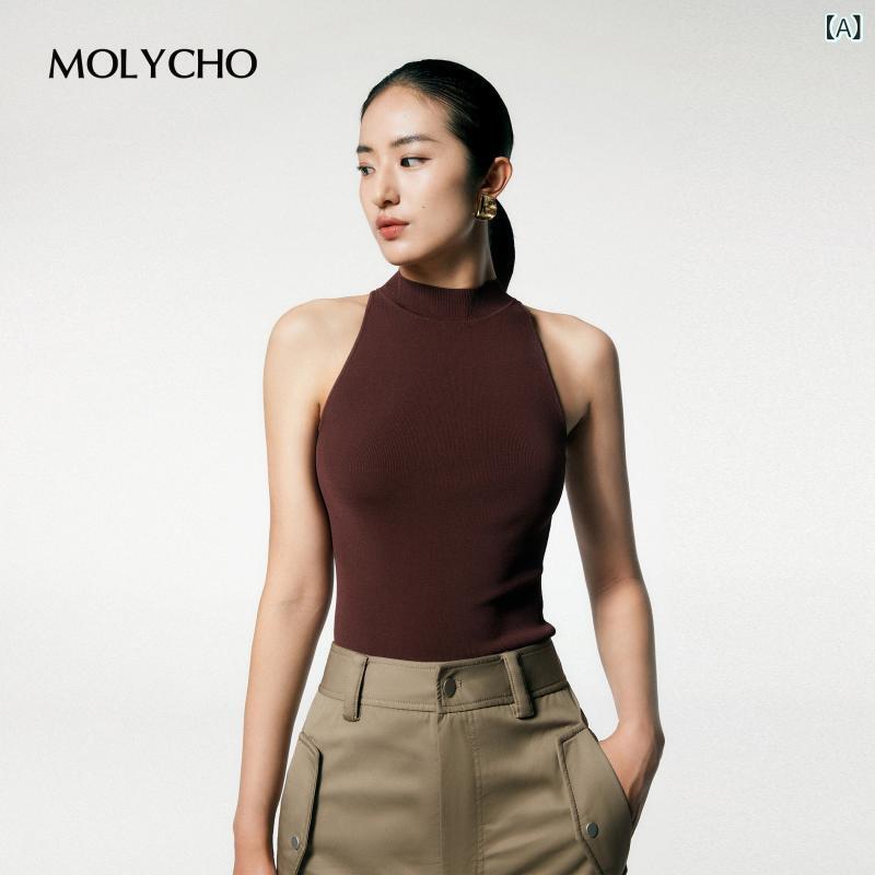 MOLYCHO パープル I 字型 編み物 より良い レディース 春夏 きつい スウェーター ノースリーブ 度合い輪っか プルオーバー 二分の一 タートルネック トップス