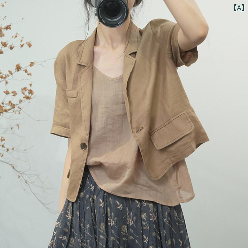 レトロ 派手な レトロ 無地の ゆったり 馬鹿でかい大きさ ジレー上衣 心地好い 半袖 リネンプルオーバー弱められた 背広 レデイース 夏