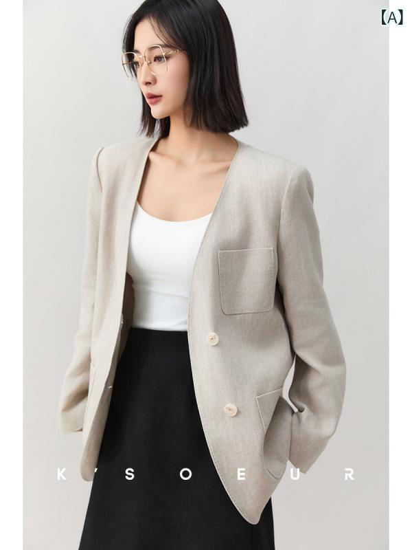 KSister KSOEUR Rain Dew Suit リネンと コットンの 混紡 素材を 使用 した ゆったり カジュアルノー カラーの 深 V スーツ ジャケット レディース|バランスケア 店