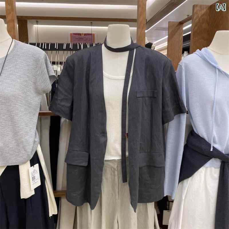 綿織物と リネンの弱められた 背広 上衣  成人女性用 2025夏の  韓国 か細い リネン 半袖 背広 とっ始め