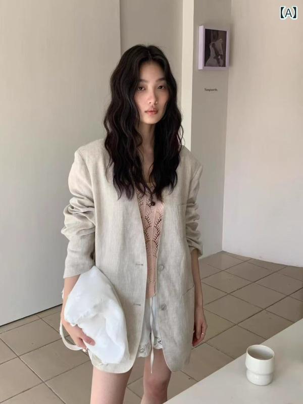 年寄りの 先だつものの リネンス ショッピングセンター 背広 上衣  成人女性用 2025夏 韓国  綿織物＆ リネン 背広 トップス