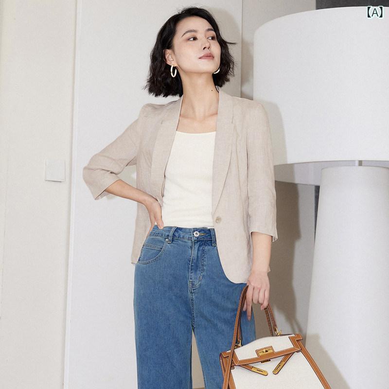 カジュアル ベージュ リネン スーツ ジャケット 女性用 2025夏 薄手 コットン＆ リネンス モール スーツ 麻 トップ｜バランスケア　店 8,136円