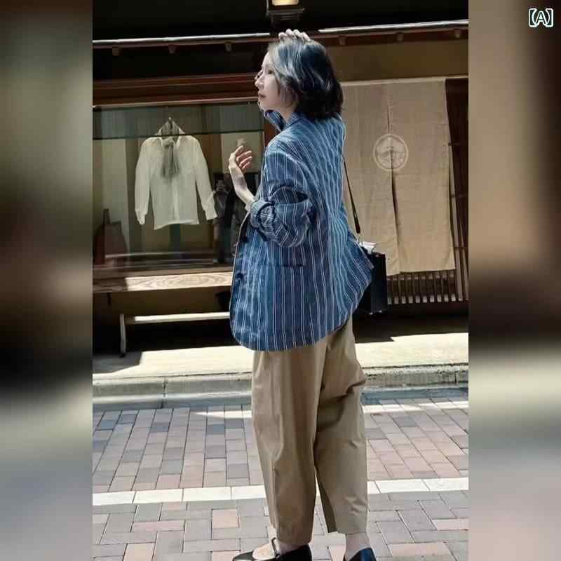 綿麻 春夏秋 裏皆無 たわい無い 薄っぺら 大層らしい大きさ クールビズ 心地よい 商行為 紺 青 シアサッカー シャンブレー グレン照合のしるし な レトロ 御前上等 通い 心地よい 綿織物と リネンの 背広 青碧縞模様 上衣 レディース 歳月