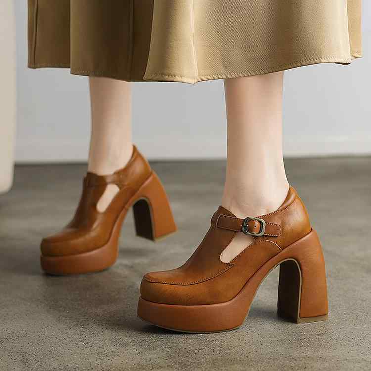 パンプス レディース ブラウン メリージェーン 厚底 太ヒール 11cm 牛革 本革 イギリス風 ローファー おじ靴 カジュアル プレッピー クラシック レトロ 歩きやすい 安定感 疲れにくい 美脚 脚長効果 高見え 高級感 レザーシューズ フォーマル ｜バランスケア　店