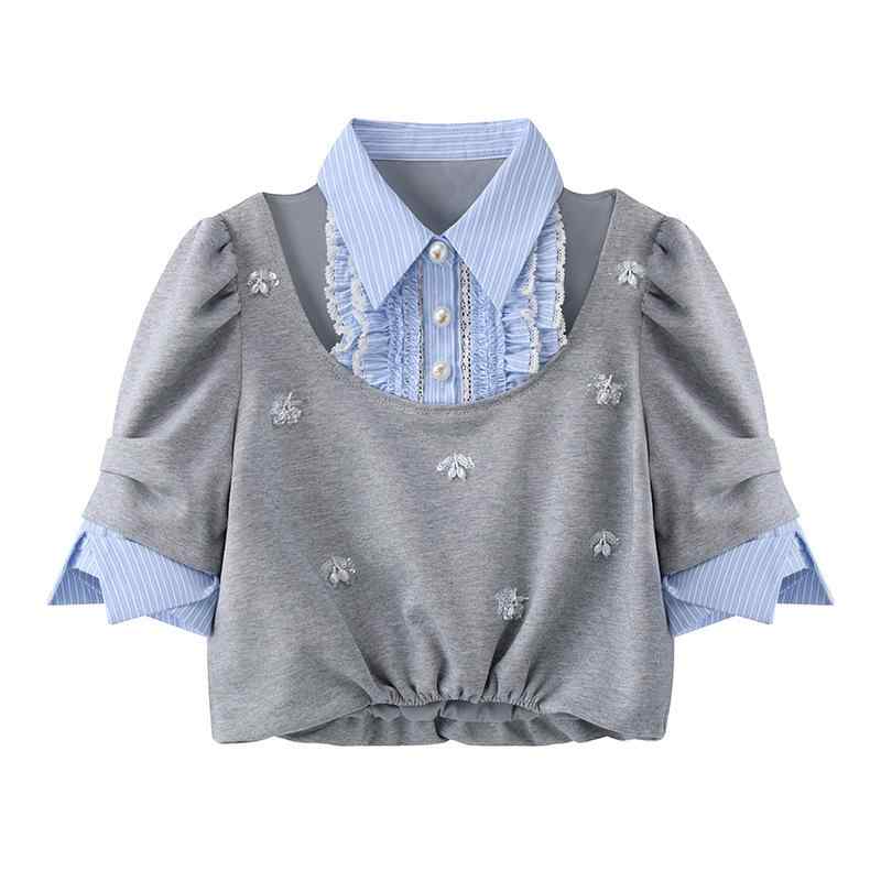 Tシャツ レディース 半袖 トップス カットソー 重ね着風 切り替え ビジュー 装飾 フェイクレイヤード ゆったり 体型カバー 着痩せ お腹周り 二の腕カバー 伸縮性 通気性 カジュアル きれいめ 無地 シンプル 通勤 通学 普段使い 普段着 デイリーウ｜バランスケア　店