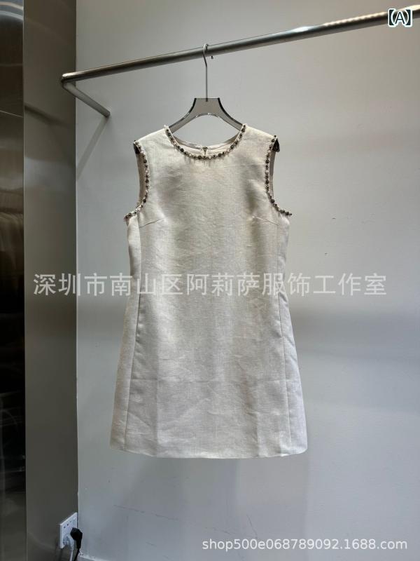 ワンピース レディース ノースリーブ Aライン ドレス ナチュラル リネン100% 金糸 重工 刺繍 丸首 ラウンドネック ひざ丈 ミモレ丈 切り替え 上品 エレガント 高級感 高見え 清楚系 きれいめ シンプル 無地 体型カバー ゆったり 細見え お腹｜バランスケア　店