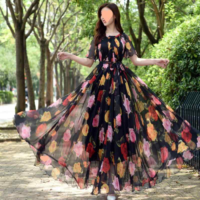 ワンピース レディース ロング丈 大きいサイズ マキシ丈 半袖 ゆったり 体型カバー シフォン フレアスカート ビーチドレス リゾートワンピ 砂漠撮影 青海湖撮影 旅行用 ふんわり 軽量 通気性 きれいめ フェミニン エレガント 無地 マキシワンピース ｜バランスケア　店