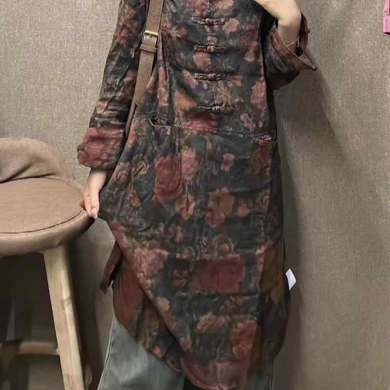 ワンピース レディース 大きいサイズ 体型カバー ロング丈 秋物 ミドル丈 麻 リネン 総柄 プリント フレア 膝下丈 ゆったり 体系カバー 着痩せ 細見え お腹周り 二の腕カバー 長袖 カジュアル エレガント ナチュラル 柔らかい 通気性 快適 普段着｜バランスケア　店