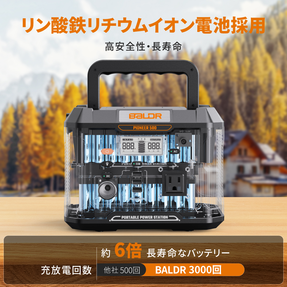 BALDR ポータブル電源 500W 大容量 120Ｗソーラーパネル 蓄電池