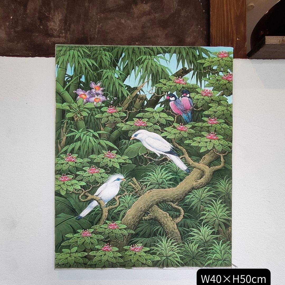 鮮やかで南国チックな飾りやすいサイズのバリ絵画！63/33cm バリ絵画 鳥の絵 2羽 小鳥 白サギ W40×H30cm ブンゴセカン 癒し