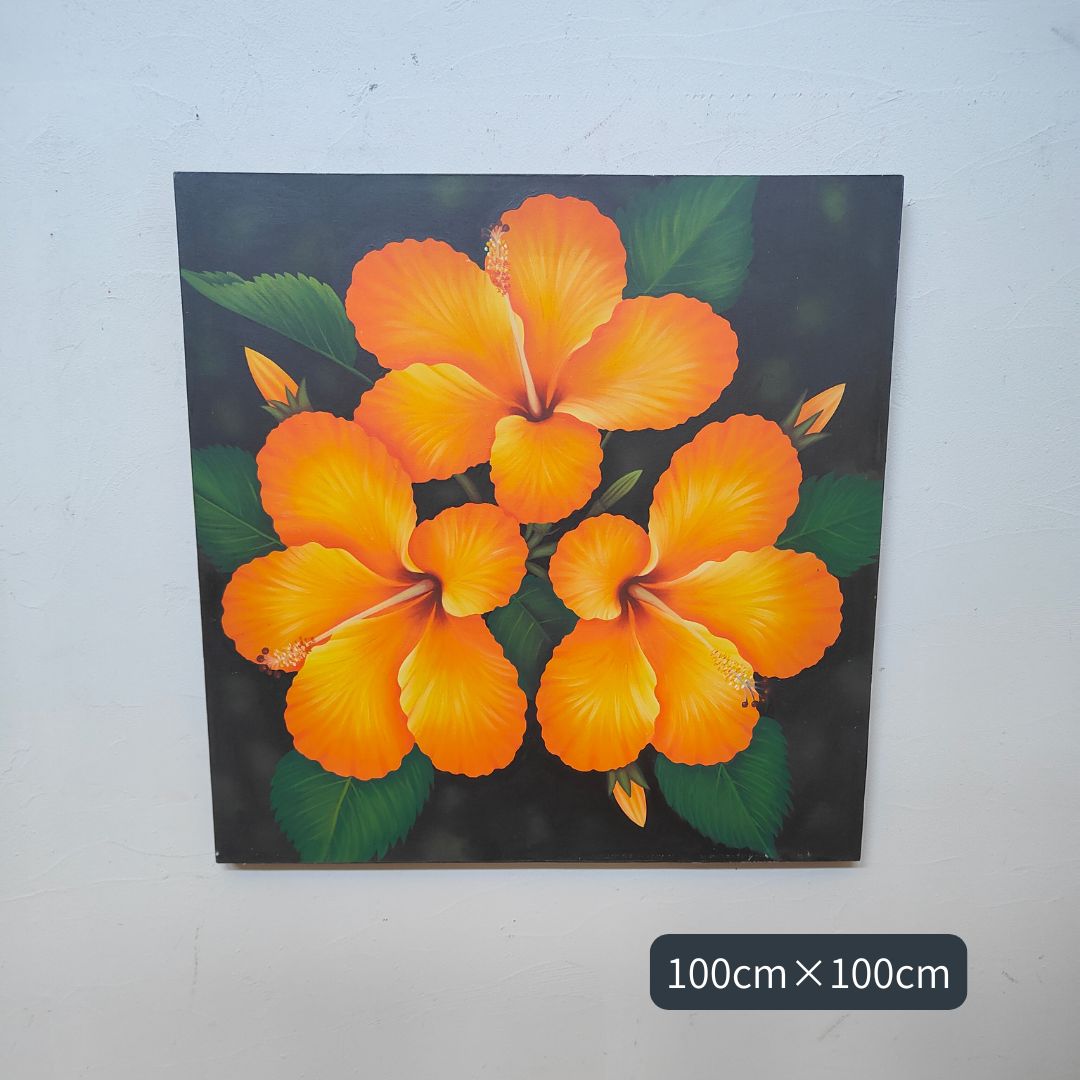 ギフト 人気 花の絵 ハイビスカス オレンジ W100&times;H100cm フレームなし モダン アートパネル 大きい バリアート 壁掛け アジアン インテリア バリ 雑貨 花 おしゃれ バリ絵画 大型 ハワイ ハワイアン 開運 風水 玄関 エントランス リゾート風 店舗 メンズ ユニセックス｜アジアン バリ雑貨 石材のクプクプ