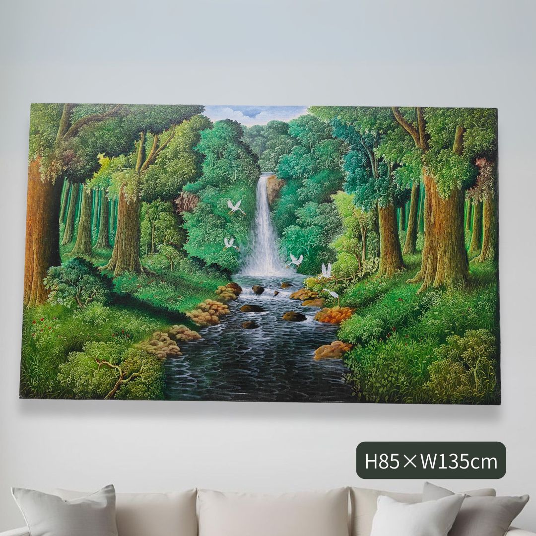 森の絵　滝の絵 フレームなし W135×H85cm 緑 グリーン バリ絵画 アートパネル 大きい 風景画 癒し バリアート インテリア アジアン バリ雑貨 ウォールデコレーション 自然 バリ島 水辺 開運 風水 海外インテリア　モダンインテリア 模様替え ギフト