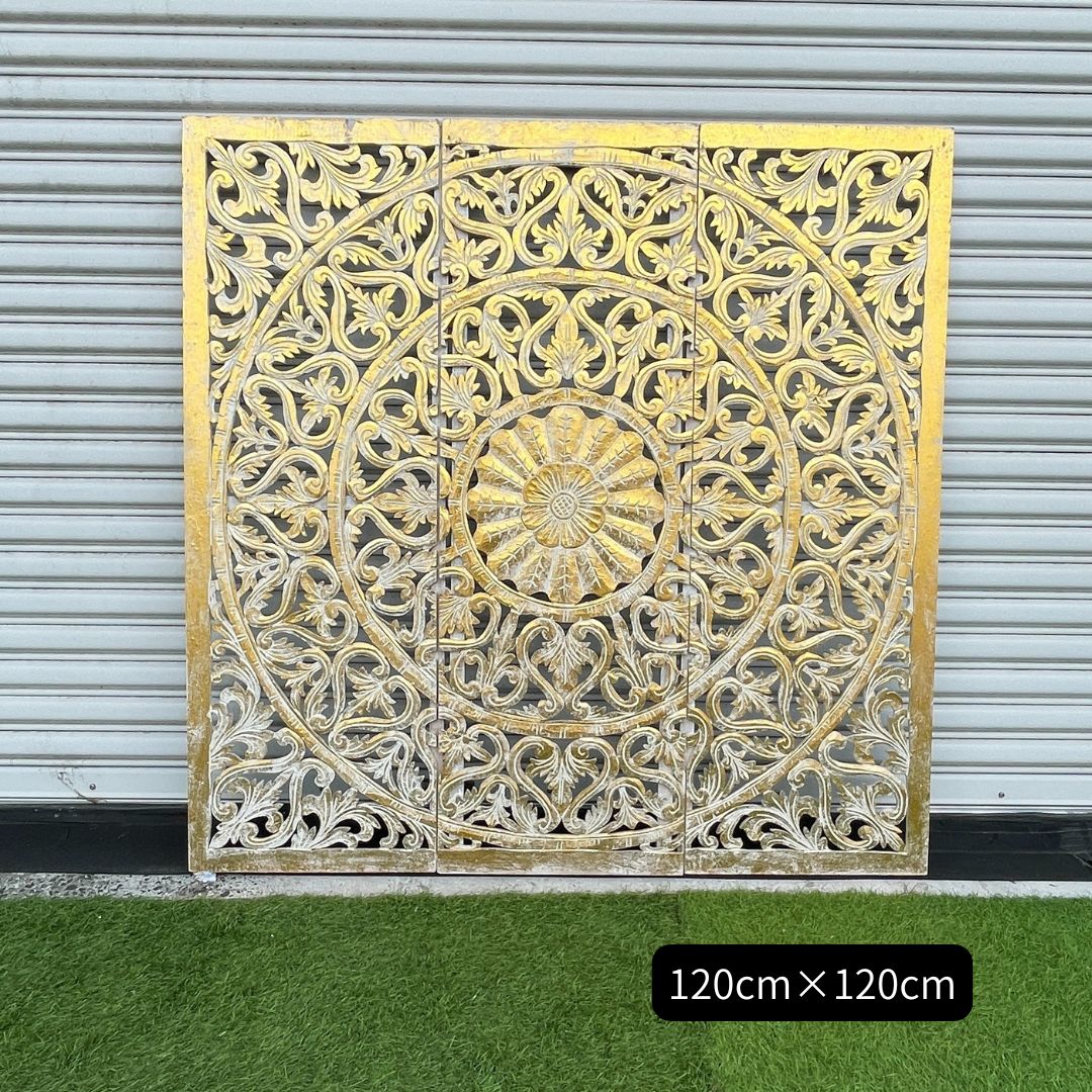 【 ポイントUP 限定saleクーポン 】 アジアン雑貨 立体感のあるレリーフパネル 3連 ゴールド 金 120×120cm チーク 大型 木製 レリーフ 彫刻パネル 木彫り 透かし彫り 茶色 アートパネル ウォールデコ バリ アジアン 壁掛け モダン 海外インテリア バリ風 おしゃれ [MD] 34,320円