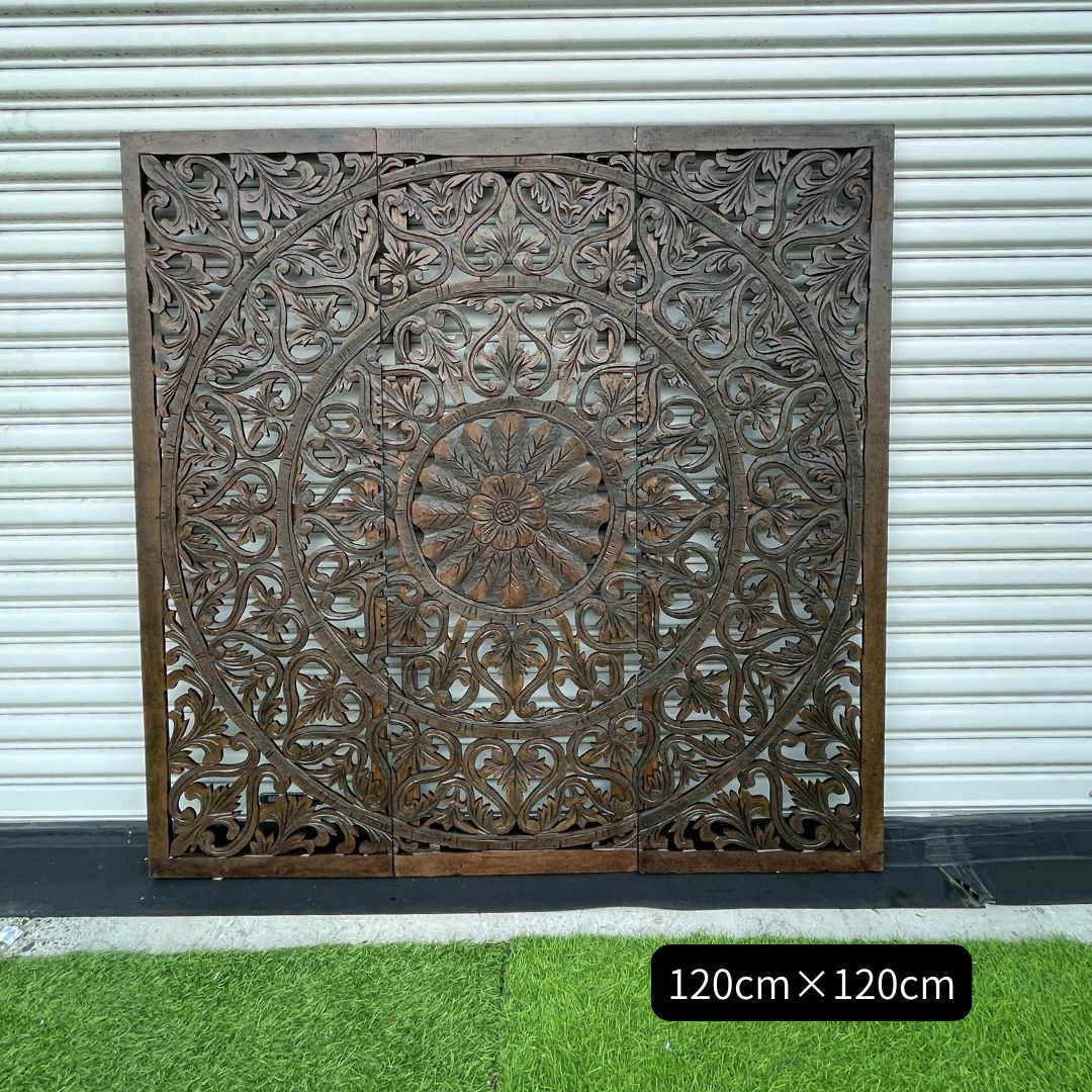 【 ポイントUP 限定saleクーポン 】 アジアン雑貨 立体感のあるレリーフパネル 3連 ダークブラウン 120×120cm チーク 大型 木製 レリーフ 彫刻パネル 木彫り 透かし彫り 茶色 アートパネル ウォールデコ バリ アジアン 壁掛け モダン 海外インテリア バリ風 おしゃれ [MD]