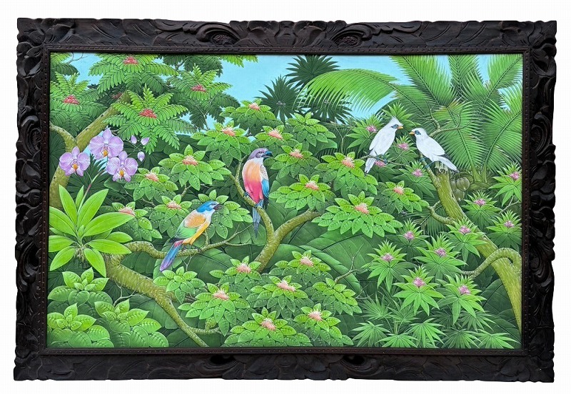 大きめ バリアート プンゴセカン バリ島 絵画 自然 鳥 花 アート カワセミ 上品】 大きめ バリアート アート 花 鳥 自然 絵画 バリ島