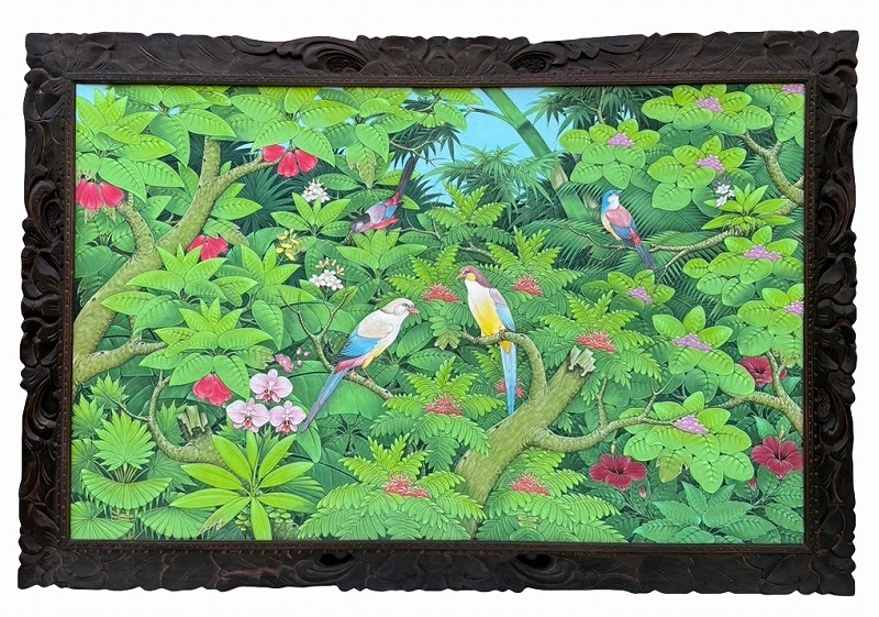 ***バリ絵画大型 ブンゴセカン 横型152.5*102.5 カラフル鳥4緑木【バリ直輸入】花鳥風月 南国 アートパネル 緑 リゾート 手描き ウッドフレーム 森 バリアート バリ風 アジアンインテリア 癒し おしゃれ 【バリ・アジアン雑貨バリパラダイス】