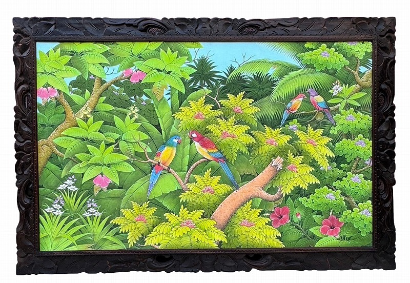 ***バリ絵画大型 ブンゴセカン 横型152.5*102.5 カラフル鳥4茶木【バリ直輸入】花鳥風月 南国 アートパネル 緑 リゾート 手描き ウッドフレーム 手彫り バリアート バリ風 アジアンインテリア 癒し おしゃれ 【バリ・アジアン雑貨バリパラダイス】 44,880円