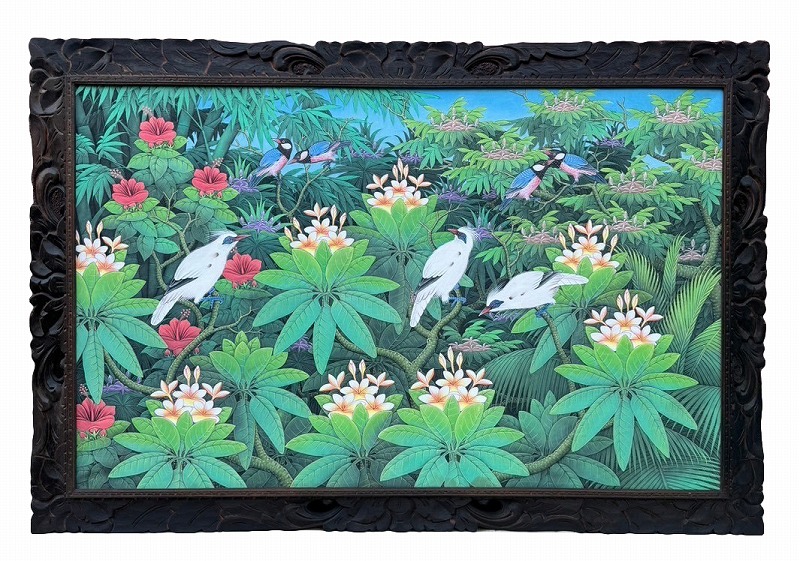 ***バリ絵画 ブンゴセカン 横型152.5*102.5 白鳥3文鳥4【バリ直輸入】花鳥風月 南国 アートパネル 緑 リゾート 手描き ウッドフレーム 手彫り 森 バリアート バリ風 アジアンインテリア 癒し おしゃれ 【バリ・アジアン雑貨バリパラダイス】